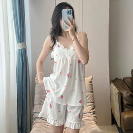 夏季薄款吊带短裤两件套纯欲带胸垫云朵棉睡衣女可外穿家居服批发