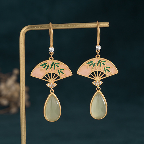 Airyuan Chinese style design ancient gold-plated enamel palace fan inlaid with imitation Hetian jade retro earrings