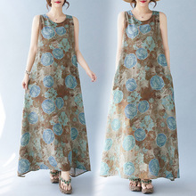 实拍2024年夏季新款波西米亚文艺宽松无袖圆领印花中长款连衣裙女
