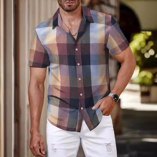 Men's plaid shirt, men's short-sleeved fashionable Korean-style youth casual men's short-sleeved shirt