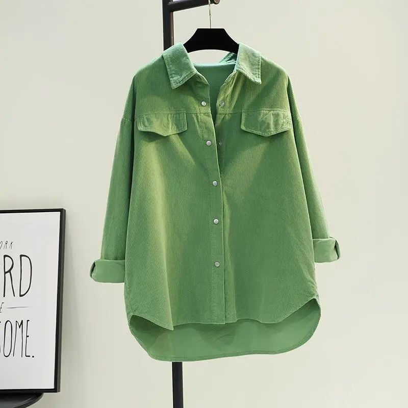 Cross-border avocado green long corduroy shirt women's autumn new thick double pocket shirt coat cardigan