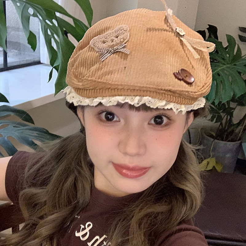 Cordillera encaje arco de dibujos animados cachorro sombrero de color curry hacia adelante para mujeres grandes turbanos de cabeza gorra caliente Boina de moda