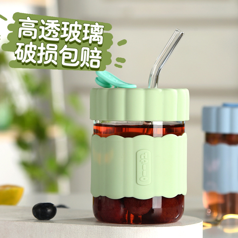 夏季花茶杯吸管杯高硼硅杯子办公室家用泡茶杯色创意玻璃瓶带盖