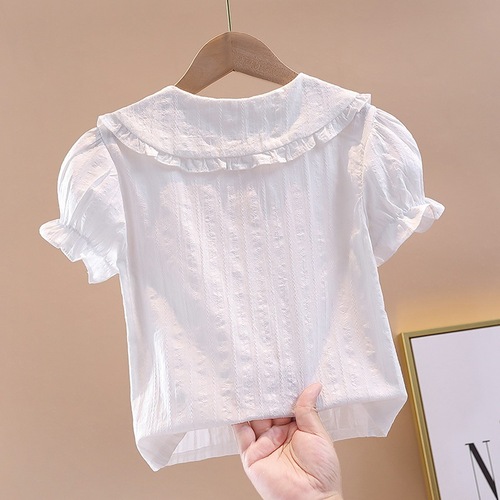 Baby Girl Short Sleeve Top 2025 Summer Korean Style Baby Collar Blouse Children's White Shirt