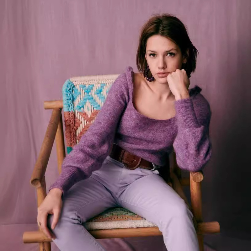 Clearance of Unique Items: French Ruffled Square-Neck Wool-Blend Pullover Knit Sweater, Elegant Pullover