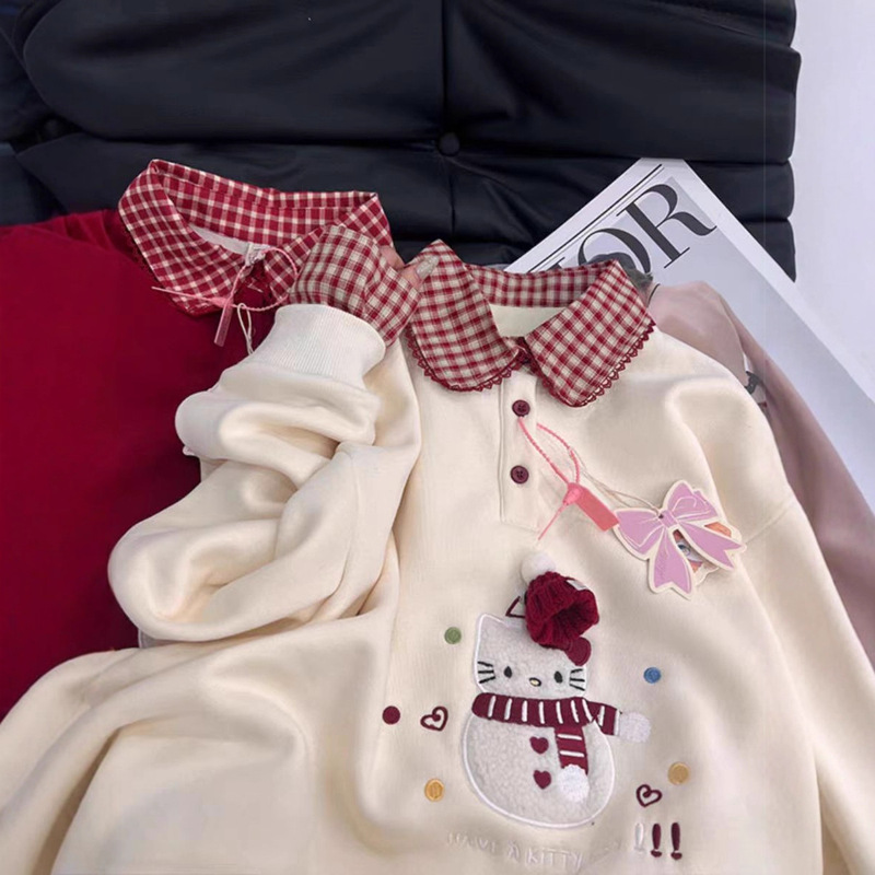 Autumn and Winter Sweet Style Hello Kitty Fake Two-Piece Sweatshirt for Women Christmas Style Embroidered Loose Age-Reducing Top