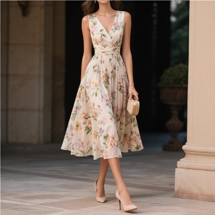 European and American Export Amazon Hot-Selling Beige Pleated Floral Chiffon V Neck Sleeveless A-Line Slim Mid-Length Dress