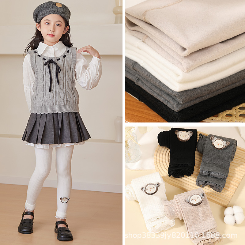 Spring and Autumn Girls' Leggings for Outerwear, White Ankle Pants for Older Children, Thin Fleece Cute Girls' Decorative Lace Cropped Pants
