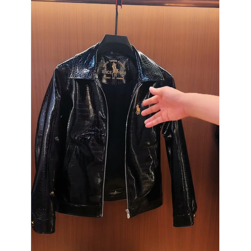 Kişi üçün dəri gödəkçə, yaxası açıq, rahat biker model