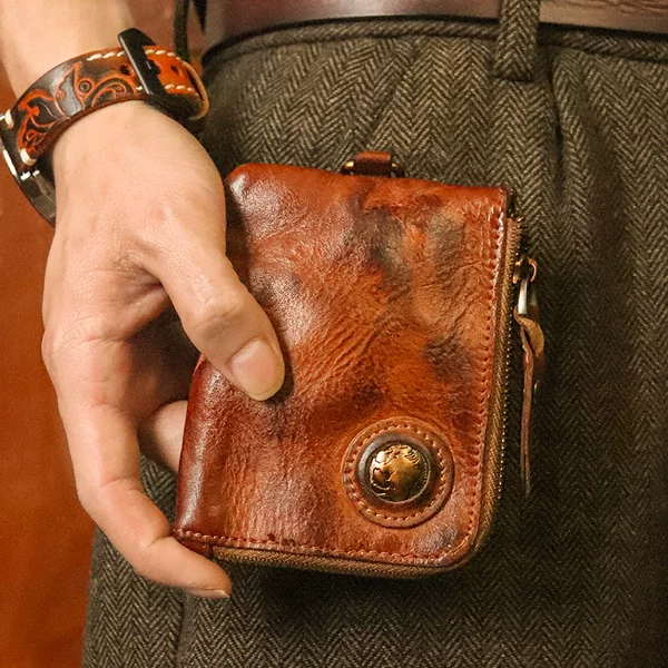 First-Layer Cowhide Coin Purse for Men, Retro Key Bag, Zipper, Multi-Functional Card Holder, Handmade Old Rubbed Small Wallet for Women