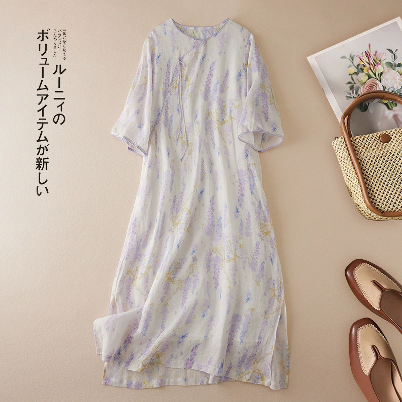 Рефлекс 2025 весна и лето новое хлопковое и льняное платье в китайском стиле улучшенный длинный cheongsam свежий и мягкий чай костюм женская одежда