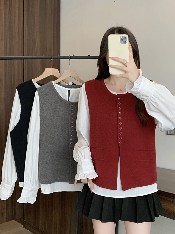 2025 Spring New Arrival chubby girl plus size Women's Elegant Knitted Vest Horn Sleeve Shirt Two-Piece Set