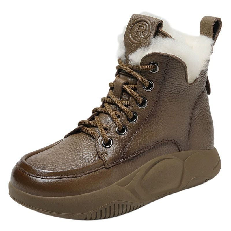 Осенние женские высокие ботинки из воловьей кожи из чистой шерсти, зимние винтажные повседневные Ботинки Martin из натуральной кожи на толстой флисовой подкладке