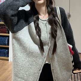 慵懒风灰色长袖毛衣开衫外套女秋冬新款韩版宽松慵懒风针织衫上衣