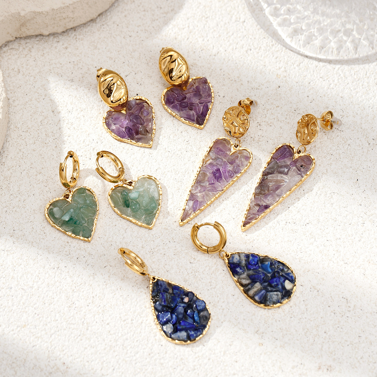 Tina europa y americana transfronterizos pernos de acero inoxidable nicho diseño universal sensación de piedra natural amatista amor pendientes para mujeres