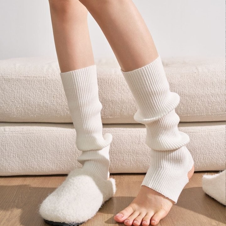 Autumn and winter fashionable double-needle ribbed wool blend footless leg warmers for yoga and fitness, knitted leg warmers and knee pads