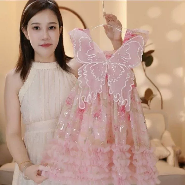 Детская бабочка сетчатая пряжа для девочек Летнее новое платье 2024 Ocean день рождения принцесса платье для детей