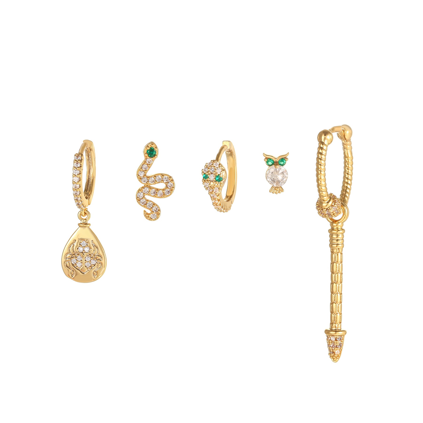 Retro Water Droplets Snake Copper Inlaid Zircon Earrings 1 Set