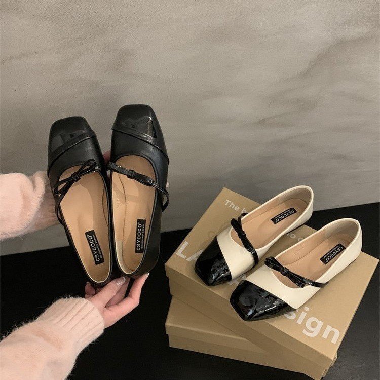 软皮版！法式蝴蝶结单鞋女平底通勤方头浅口瓢鞋复古晚风玛丽珍鞋|undefined