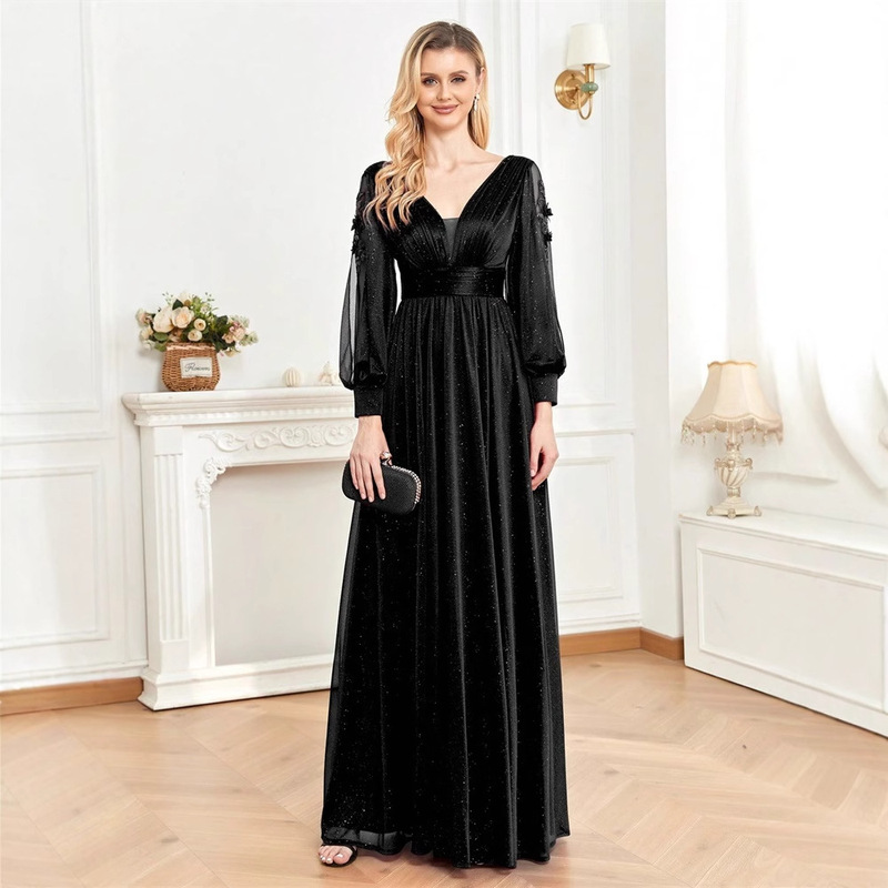 Cross-border New Long-sleeved Evening Dress Women's Banquet Sexy Elegant Open Dress Long Bridesmaid Toast dress V-neck Cross-border New Long-sleeved Evening Dress Women's Banquet Sexy Elegant Open Dress Long Bridesmaid Toast dress V-neck