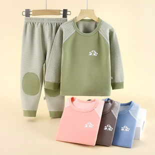 Children's Velvet Suit Boneless Autumn Clothes and Pants Girls' Striped Boys' Thickened Thermal Underwear suit Children's Wear Two Pieces