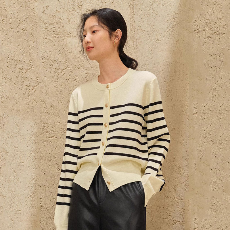 Casual Contrast Color Striped Knitted Cardigan Women's 2025 Spring New Casual Retro Round Neck Easiest for Match Cardigan Jacket