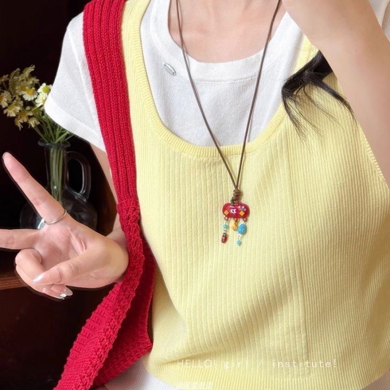 多巴胺彩色苹果编织项链女款2025新款可爱长款挂脖卫衣链吊坠配饰|undefined