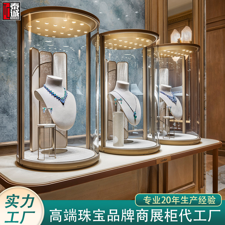 店铺珠宝展示柜台橱窗蓝宝石项链陈列道具圆柱形首饰玻璃中岛展柜