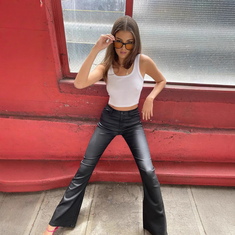 2025 New Autumn and Winter Tight-Fitting High-Waisted High-Elastic Flared Denim Leather Flared Pants