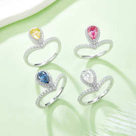 925银1克拉D级V字简约水滴彩色莫桑石戒指梨形欧美新款培育钻指环