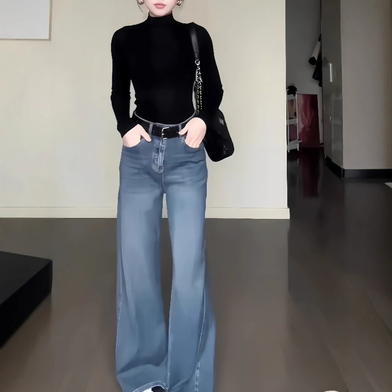 Trendy Korean-Style Outfit with a Soft, Lazy, and Relaxed Vibe, Consisting of a Knit Sweater and Jeans Two-Piece Set