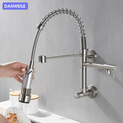 Wall-mounted side-inlet faucet with wall-mounted spring kitchen swivel pull-down dish basin, wall-mounted faucet, black spring