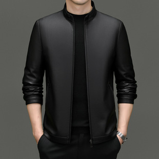 2025 Men's High-End Haining Sheepskin Leather Jacket Middle-Aged Business Casual Leather Jacket Stand Collar Thickened Fleece-Lined Genuine Leather Coat