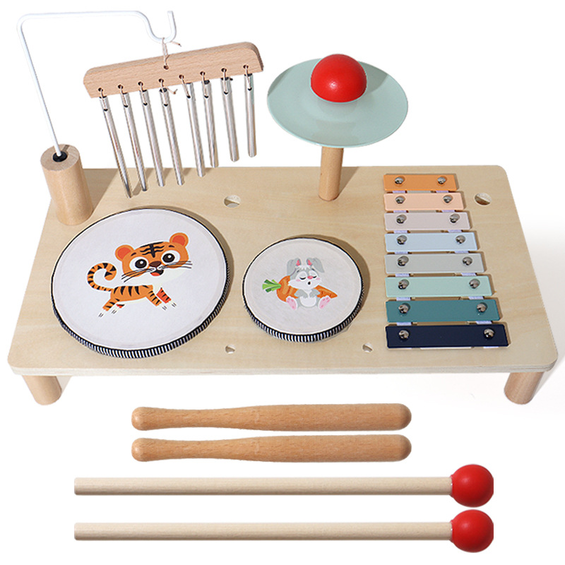 Estación de música multifuncional de madera para niños pequeños, batería de educación temprana para bebés, combinación de música Montessori, juguete de iluminación de percusión