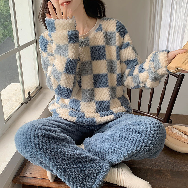 秋冬睡衣女圆领可爱格子甜美清新珊瑚绒加绒加厚套装可外穿家居服|undefined
