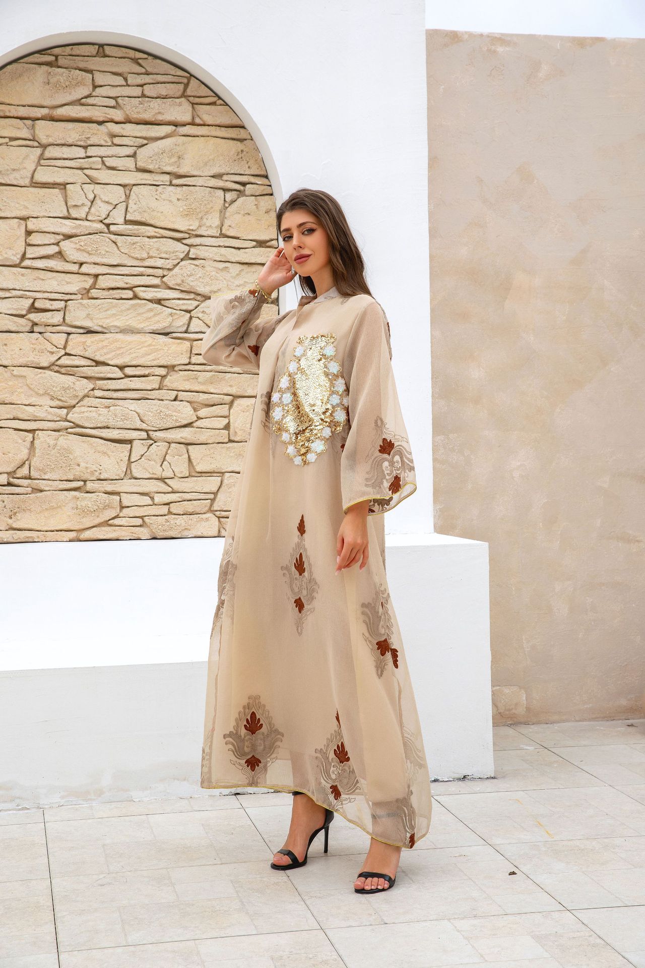 ZD044 Middle East Cross-border E-commerce Bestseller Women's Muslim Dress Sequin Embroidered Arab Robe_ecoleips.com