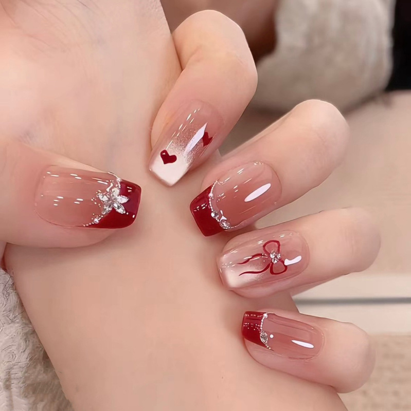 [Slightly Drunk Red Wine] Autumn and Winter Purely Handmade Wearable Nails High-End Red Love Whitening Purely Handmade Nail Art Pieces Wholesale