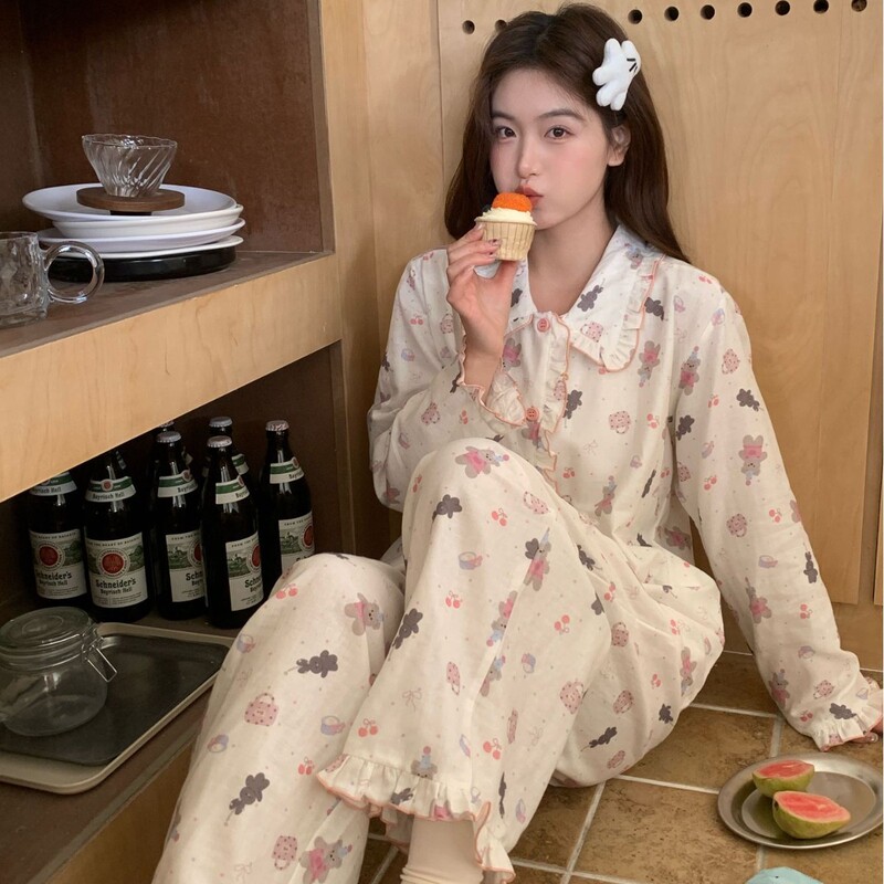 Fresh and Simple Fairy-Style Double-Layer Gauze Breathable Loungewear with Dense Edge Stitching, Bear Print, Turn-Down Collar, Korean-Style Pajama Set for Women