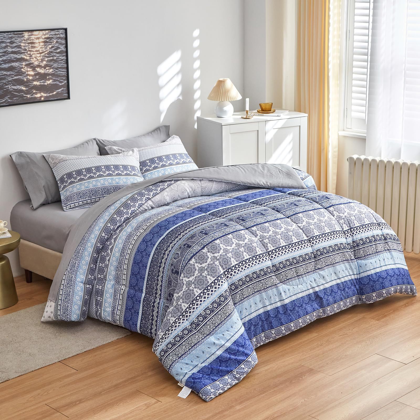 Steppdeckenset, Blau, Bohemian, Fat Quilt Core, Chemiefaser-Steppdecke, dreiteiliges Set_voghion.com