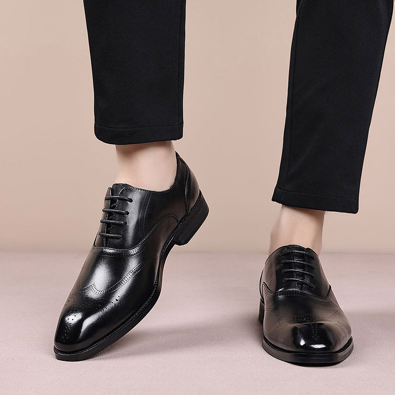 Giày da nam công sở da bò lớp đầu mũi nhọn Brogue buộc dây đế gỗ — Màu nâu, màu đen