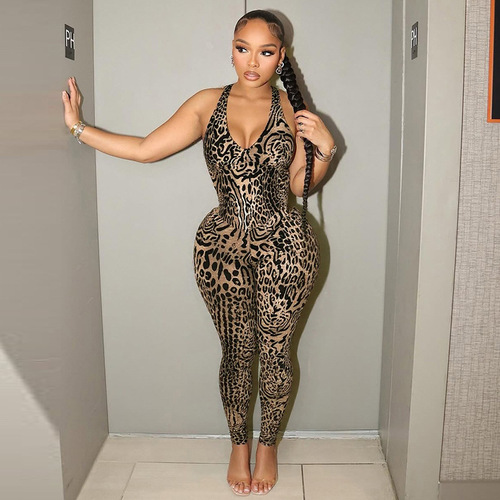 D25JP177 European Women's Sexy Leopard Print Sleeveless Backless Tight Legging Bodysuit