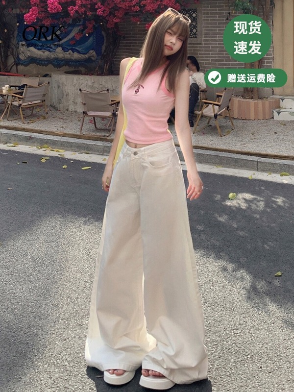 美式复古高腰黑茶白色宽松阔腿裤女春夏百搭垂感拖地裤牛仔裤子女|undefined