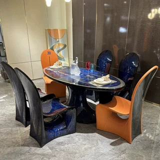 布加迪实木餐桌椅组合意式轻奢跑车真皮餐椅树瘤烤漆别墅餐厅家具