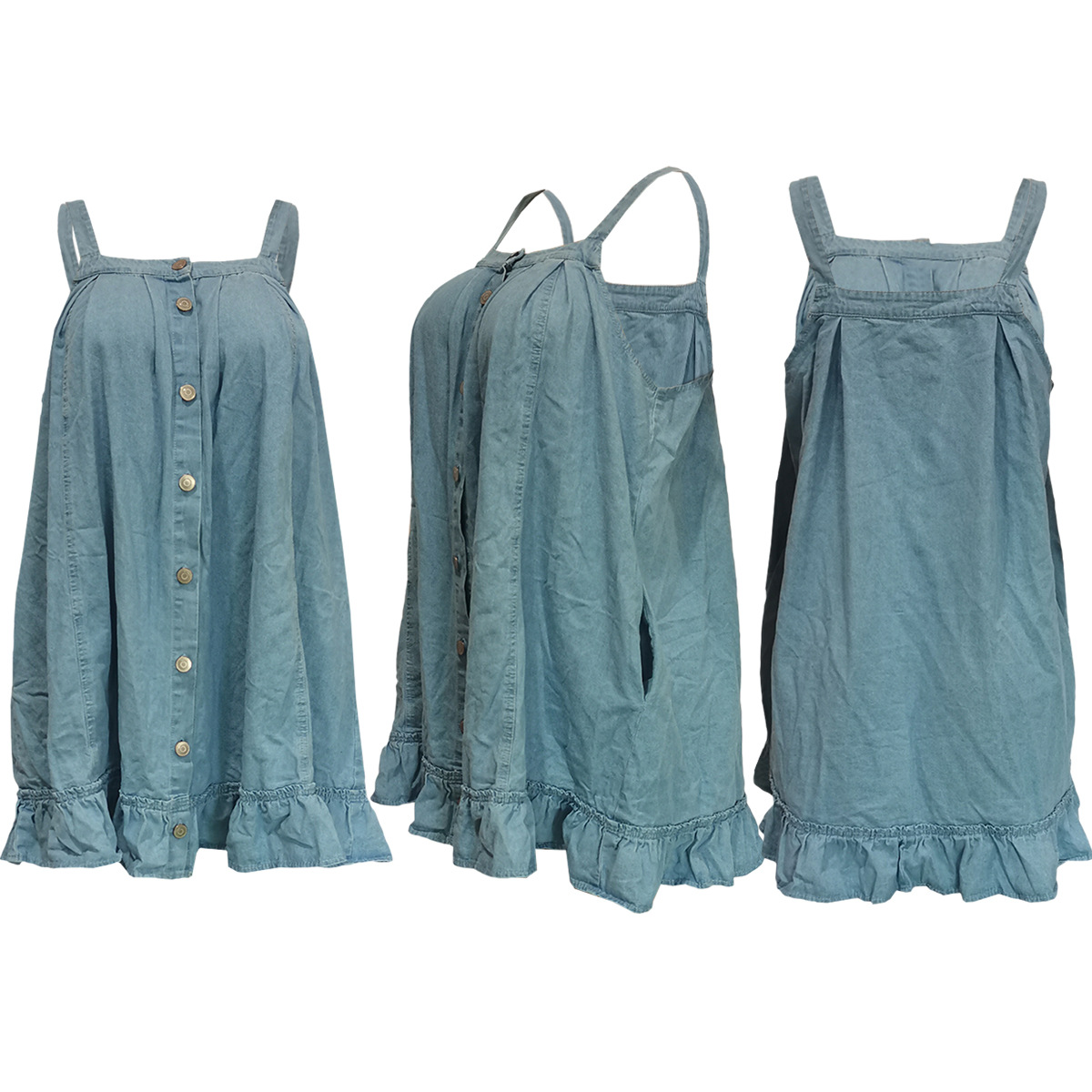 women's clothing Solid color suspenders button pocket loose washed denim dress_mkmklike.com