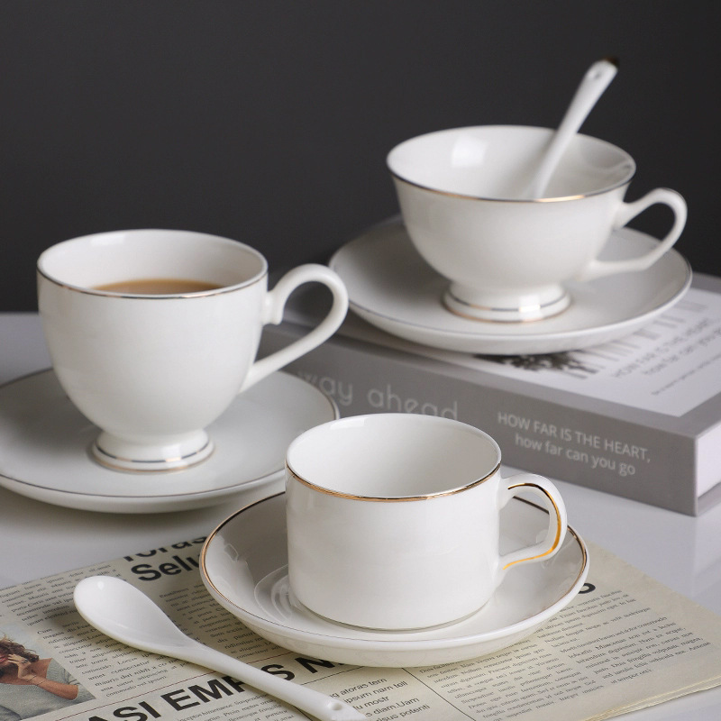 Bone China Pure White Coffee Cup and Saucer, Custom Logo Coffee Shop Ceramic Cup with Saucer and Gold Detailing