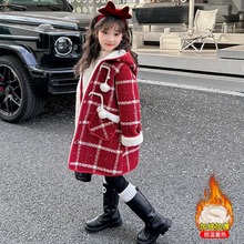 韩版2025新款女童冬装加厚加绒呢子加绒外套中长款韩版格纹大衣