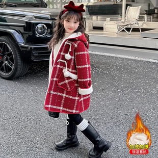 Korean Style 2025 New Girls Winter Clothing Thickeneded Velvet Woolen Jacket Mid-Length Korean Style Plaid Coat