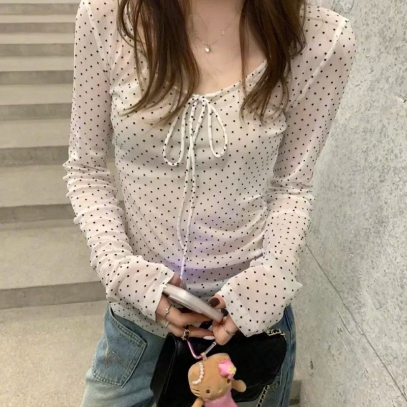 Korean-Style Bowknot Polka Dot V-Neck Long-Sleeve T-Shirt for Women, Early Spring Thin Sun-Protective Mesh Sheer Top