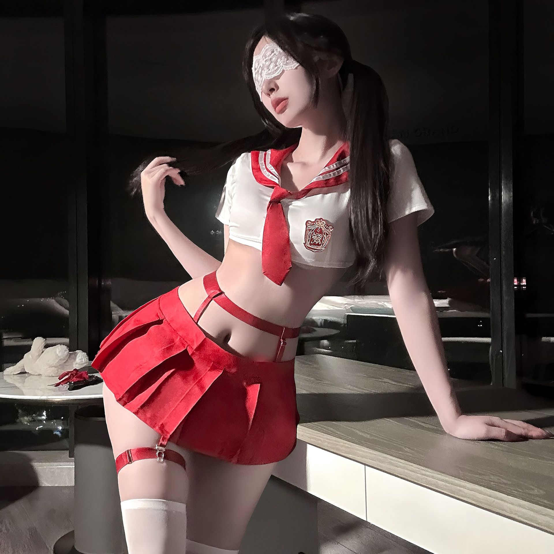 Japanese School-Style Sailor Costume Set with Pleated Skirt, Top, Leg Ring and Thong — detail image 5