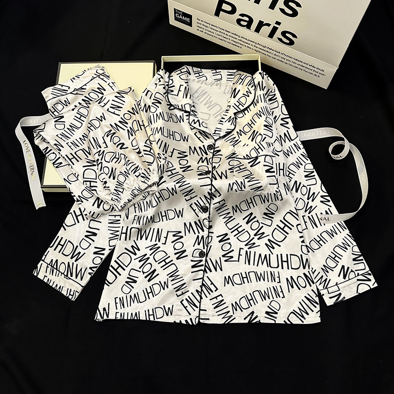 Inventario primavera y otoño imitación de seda hielo seda pijama damas manga larga pantalones cardigans set de ropa para el hogar